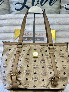 Authentic MCM Visetos Monogram Tote Bag with Gold Hardware
